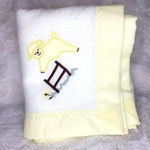 VTG Chatham Crib Baby Blanket Lamb Sheep White Yellow Satin Trim Acrylic 38x50